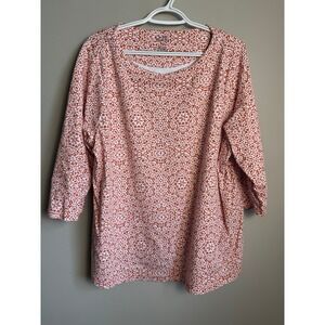 Croft &‎ Barrow Medallion Print 3/4 Sleeve Cotton Top Rust White 1X Boho Chic